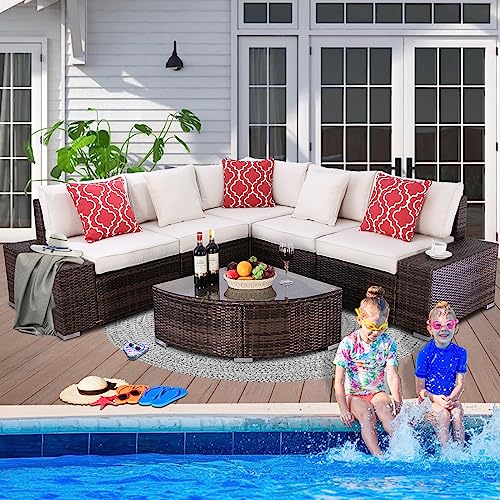 Do4U 6 Pieces Patio Furniture Set Lawn Backyard Poolside PE Wicker Rattan Steel Frame Sectional Set