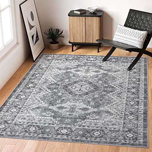 Rugland 8x10 Area Rugs - Stain Resistant Washable Rug, Anti Slip Backing for Living Room, Boho Vintage Tribal Ultra Soft and Smooth(TPR07-Grey, 8'x10')