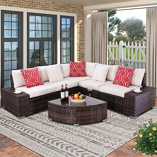 Do4U 6 Pieces Patio Furniture Set Lawn Backyard Poolside PE Wicker Rattan Steel Frame Sectional Set